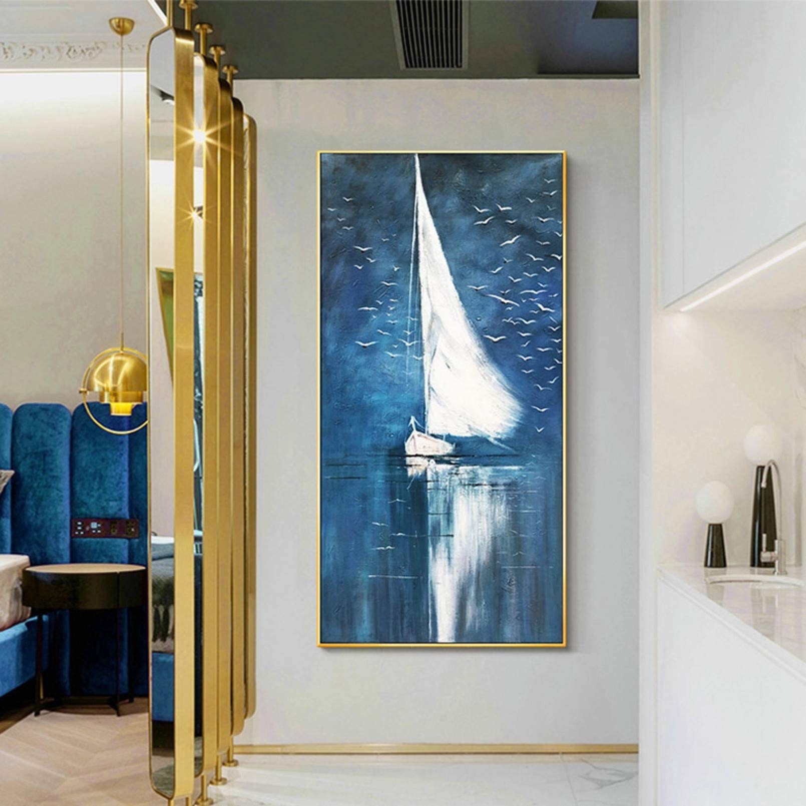 BAJIE Gemälde Handgemalte weiße Segelkunst Ölgemälde auf Leinwand Wandkunst rahmenlose Bilddekoration für Wohnzimmer Raumdekor Geschenk