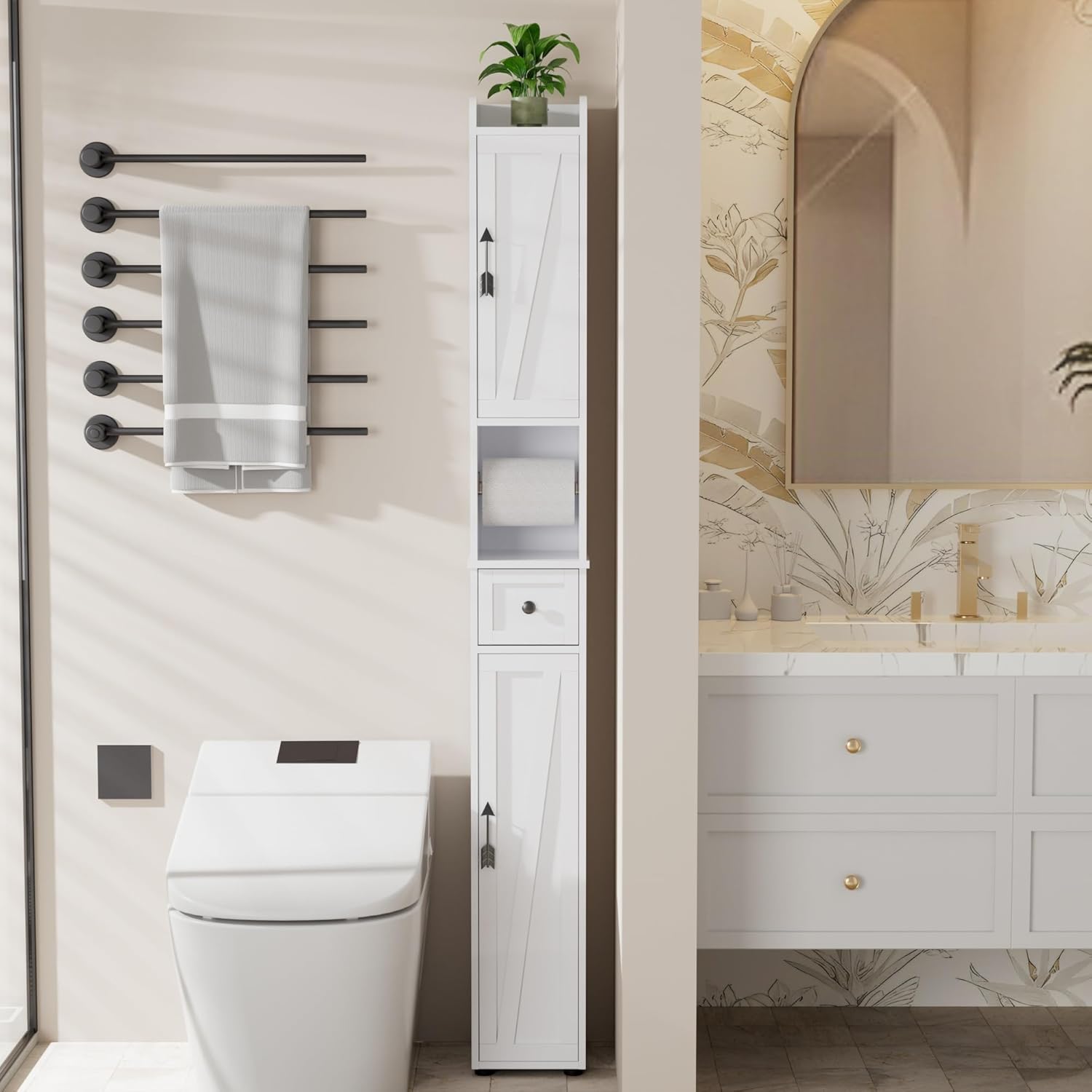 VECELO Narrow Bathroom Storage Cabinet, Tall Cabinet with Adjustable Shelves & Toilet Paper Holder & Drawer, Slim Freestanding Floor Cabinets with Magnetic Door for Small Spaces, White