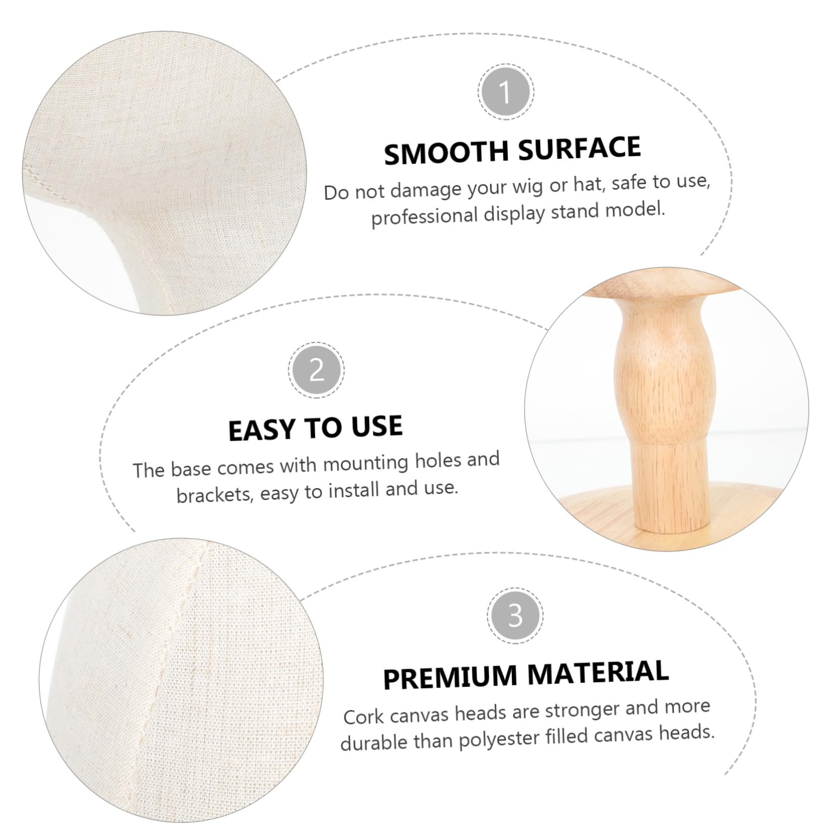 ULTECHNOVO Mannequin de Tête en Lin Support Postiche, Surface Lisse et Socle en Bois pour Usage Quotidien et Présentation de Bonnets et Lunettes