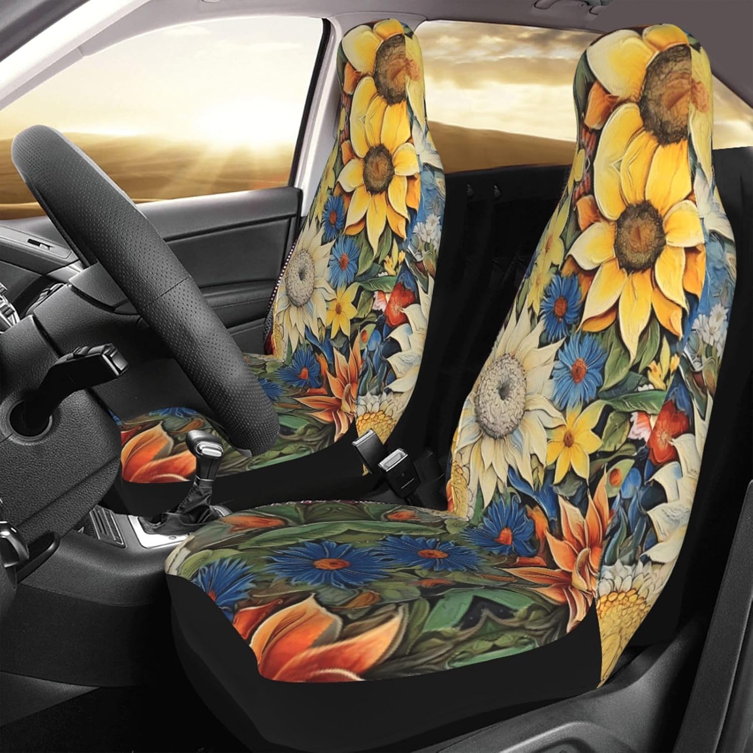 Universal Oil on Canvas Sunflower Printed car seat Covers are Suitable for Most Seats in Trucks, Vans, and Other Similar Vehicles.