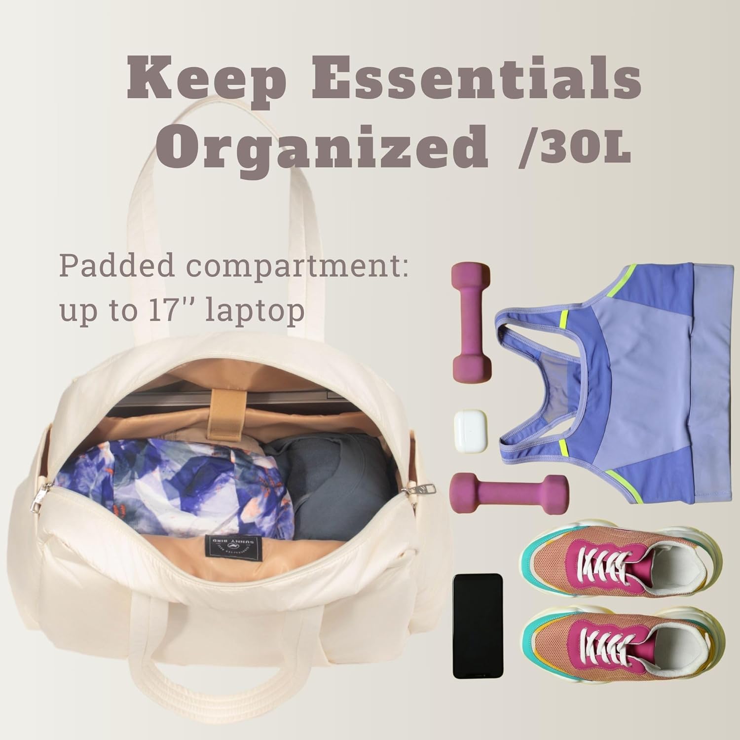 SUNNY BIRD Gym Duffel Bag for Women, Weekender Overnight Bag for Travel (White) - Image 3