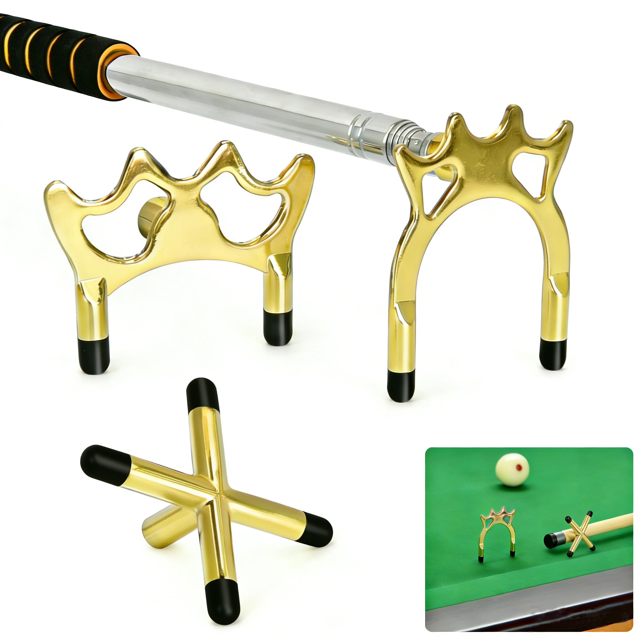 Snooker Cue Stick Bridge, Pool Rest Stick with Brass Bridge Head(Gold)