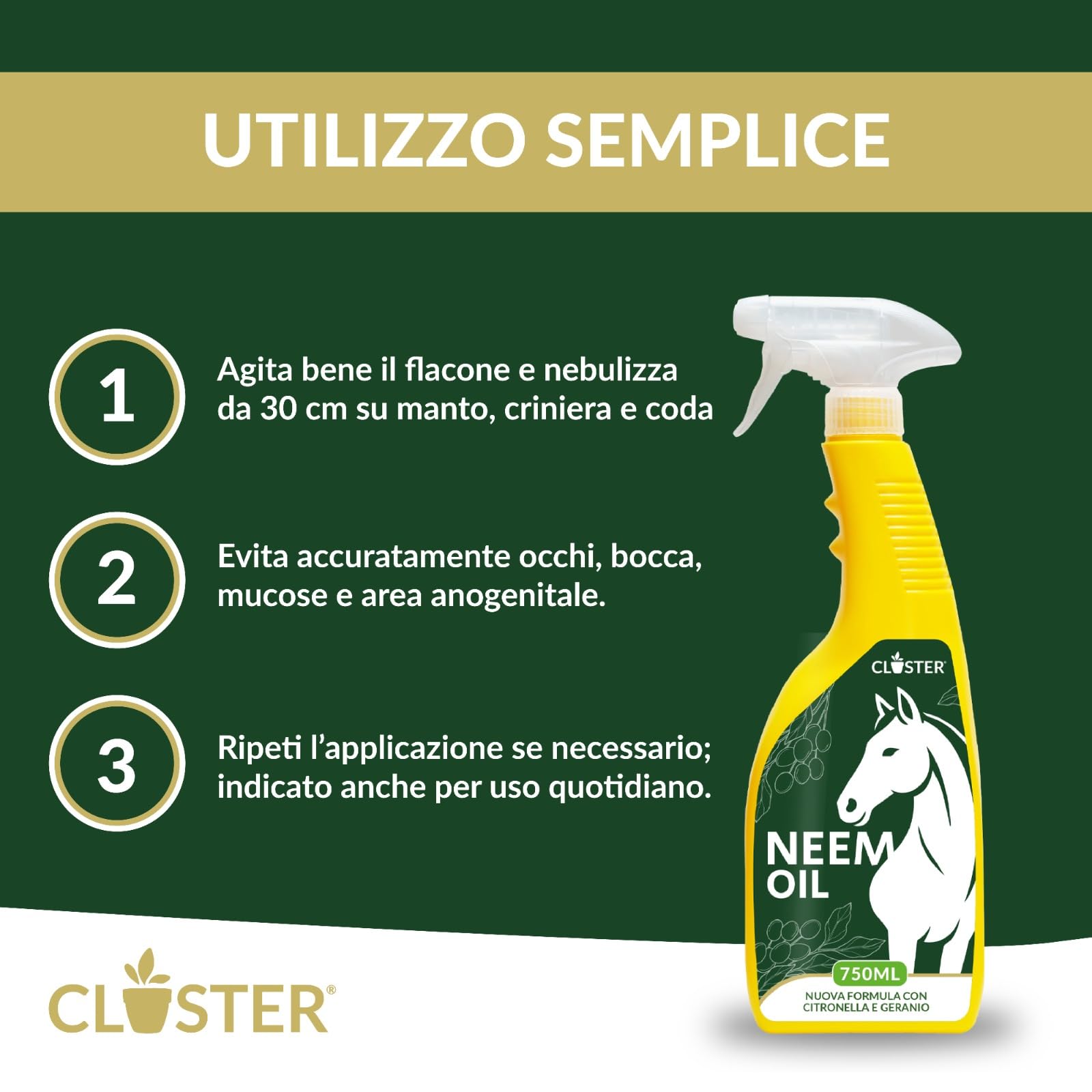 CLOSTER Olio di Neem per Cavalli Spray 750ml, Made in Italy - Contro Tafani, Zecche, Mosche, Pulci, Zanzare, Insetti con Geranio e Citronella - Abbinabile a Repellente Antiparassitario (750 ml)