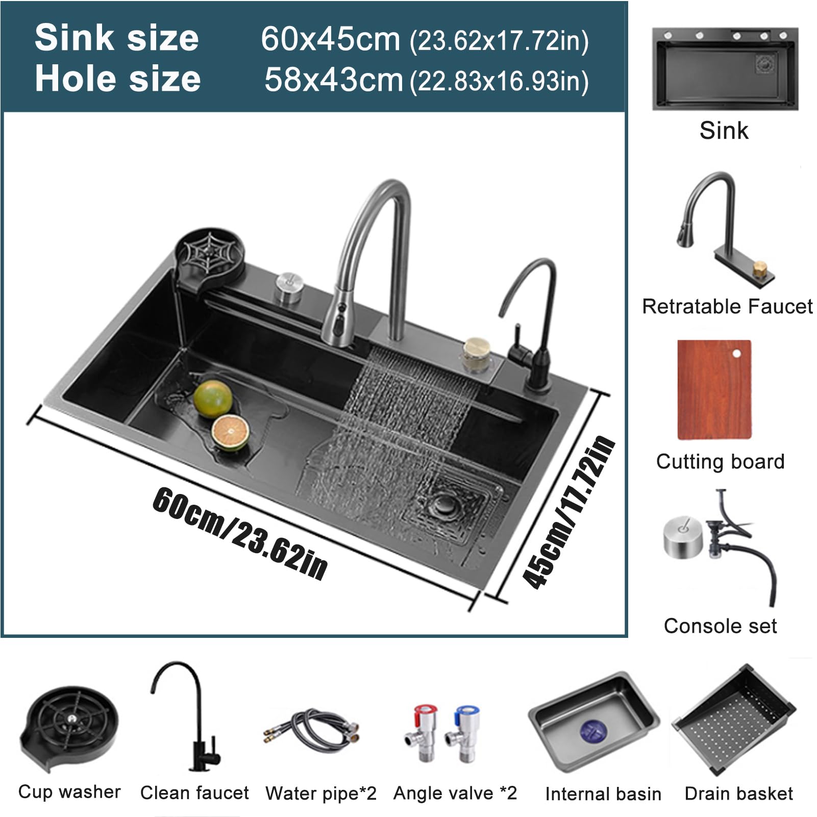 Lavello da Cucina,lavello Cucina a Cascata,Vasca Singola,in Acciaio Inox,Multifunzione,da Incasso/sottotop,lavabo Nero con Accessori Estraibili,Posto di Lavoro (60 * 45cm)