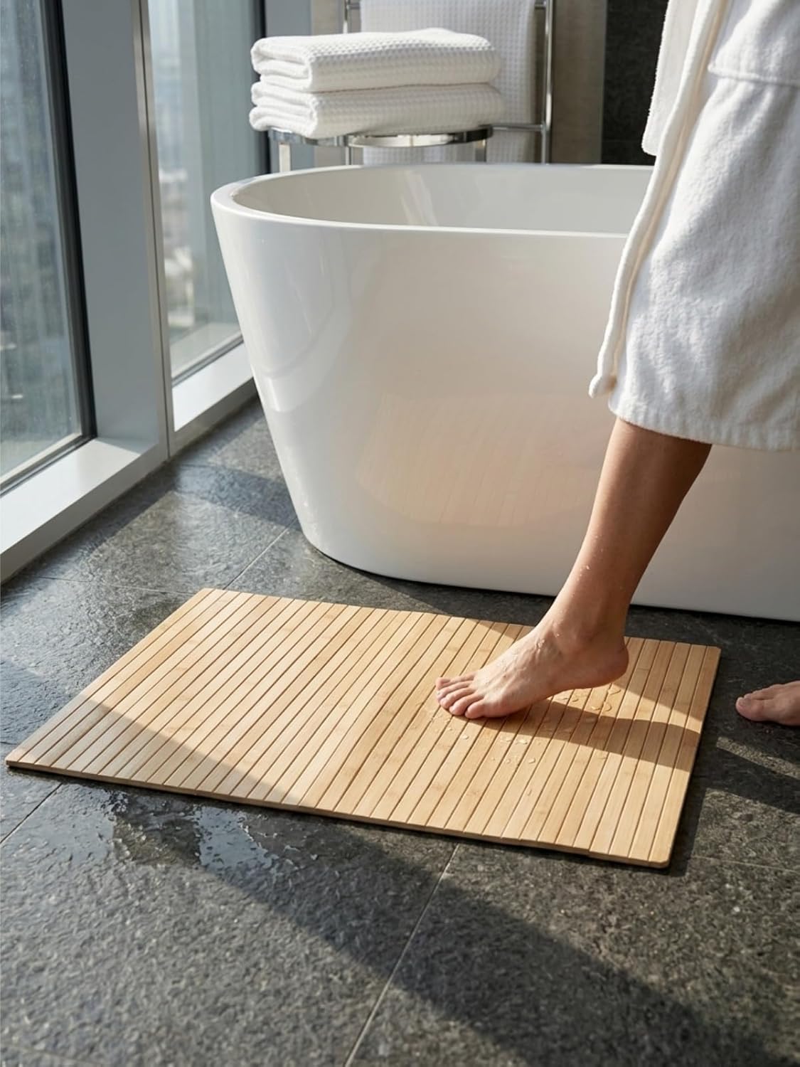 Bamboo Bath Mat, Non-Slip Wooden Shower Floor Mat, Waterproof, Quick Drying, 45 x 70 cm