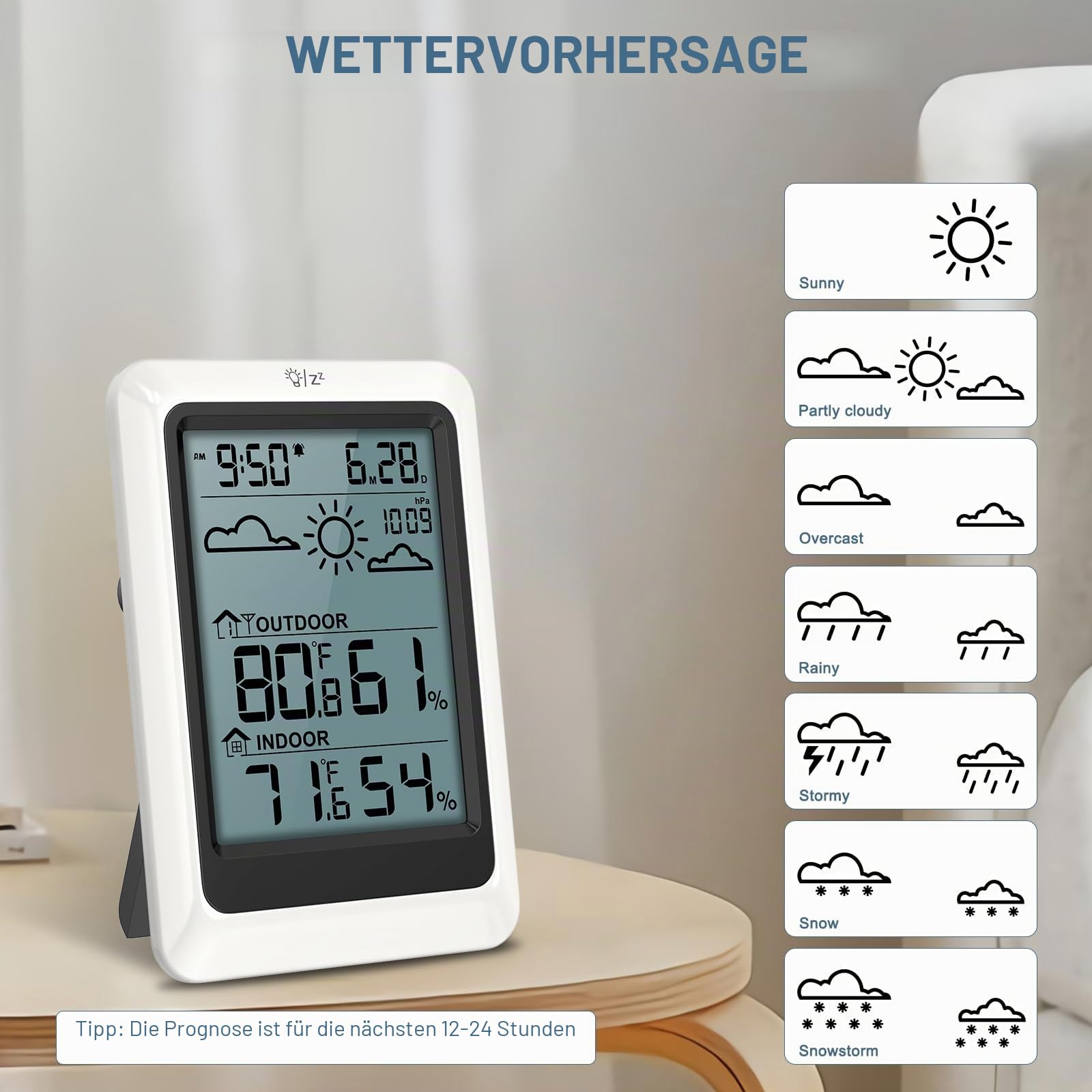 Wetterstation Funk mit Außensensor, Funkthermometer mit Wecker, Außen Innen Thermometer Hygrometer Raumthermometer Funk,Digital Raumthermometer
