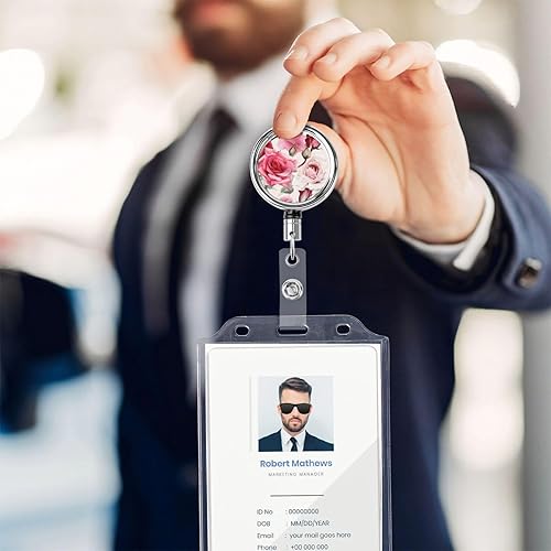 Miniatura 5 de Carretes retráctiles de rosa rosa, bonito soporte para tarjetas de identificación con clip giratorio de 360 grados, carrete de clip de insignia de