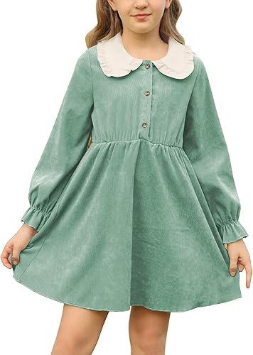 Batermoon Vestidos de pana de manga larga con cuello Peter Pan y volantes para niñas de 5 a 14 años