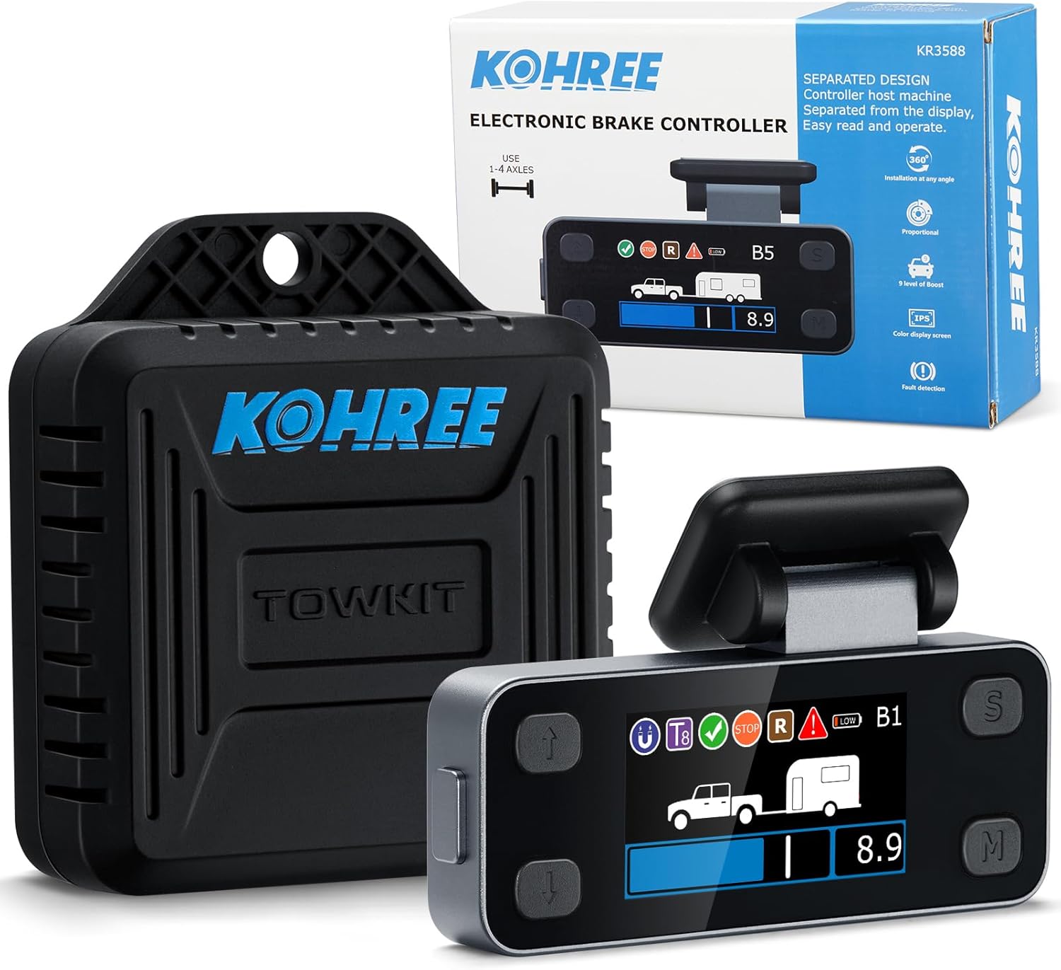 Kohree Upgraded Trailer Brake Controller Kit, Split Design, LCD Screen, Smart Chip, Proportional Braking, Electric Brake Controller for Trailers with 1-4 Axles