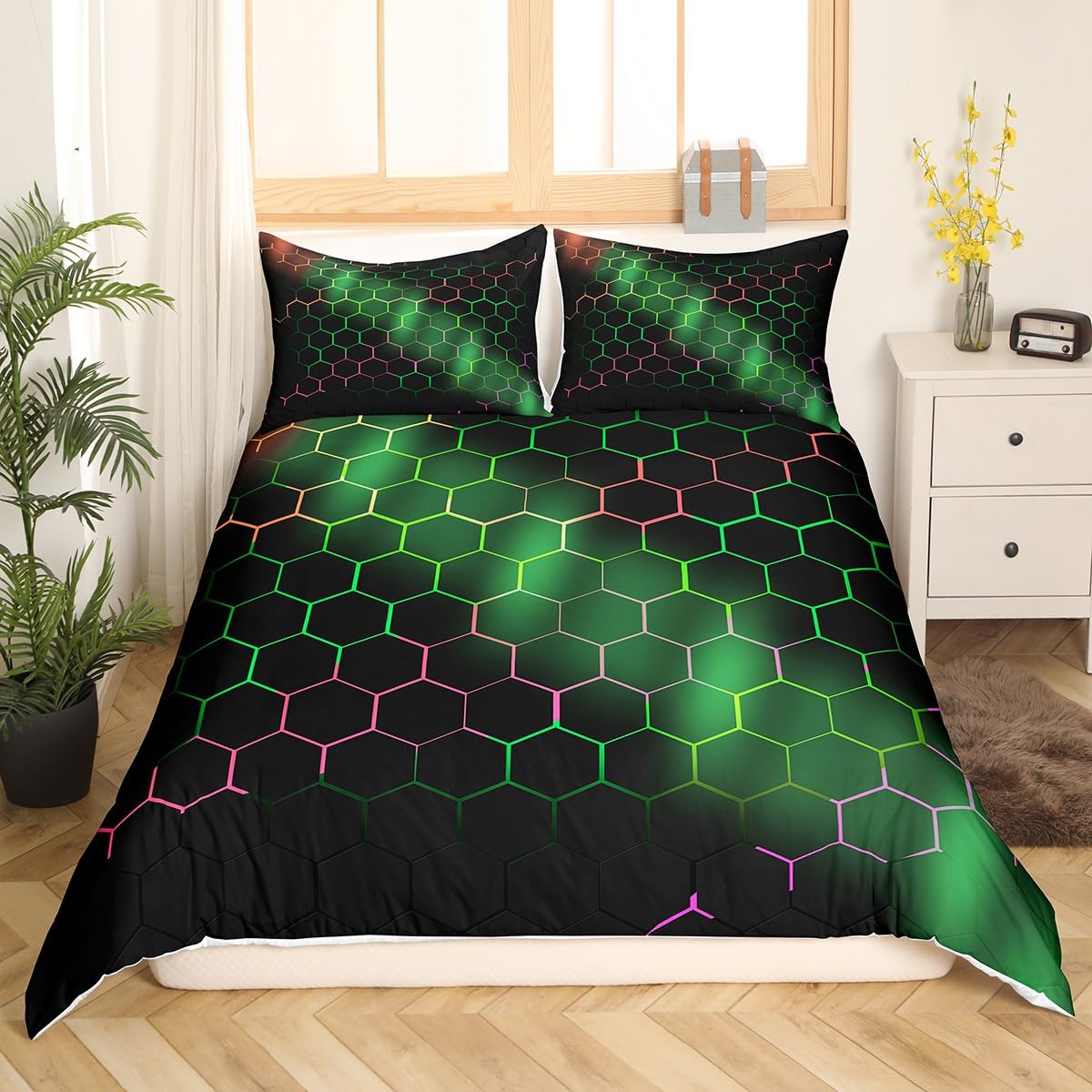 Homewish Honeycomb Duvet Cover Single Black Green 3D Geometrical Hexagon Bedding Set for Boys Girls Kids,Geometric Hexagonal Beehive Pattern Comforter Cover Glowing Neon Bed Set Ultra Soft Room Decor - Image 3