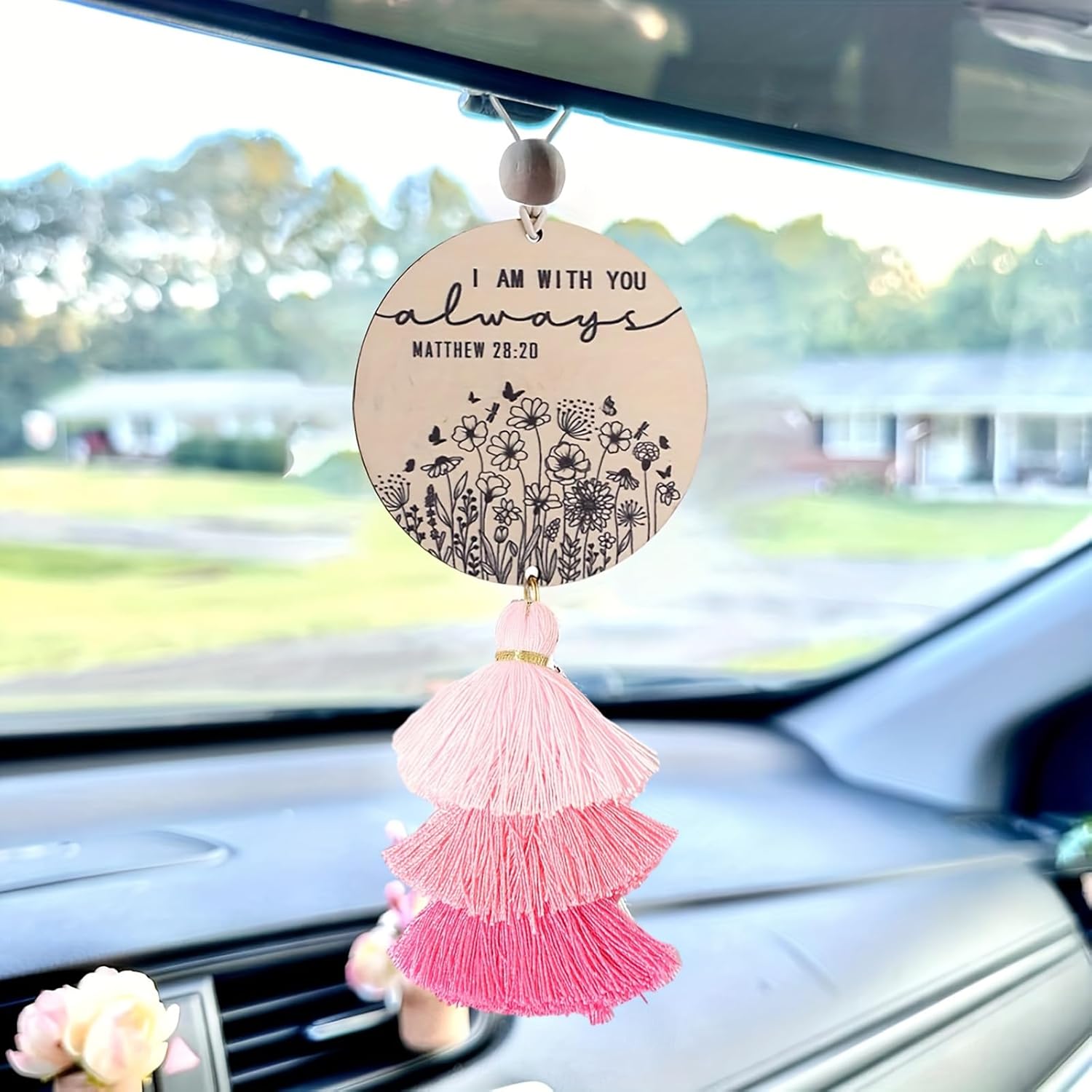 Christian Car Charm Gifts for Women Men I am with You Always Rear View Mirror Hanger with Tassel
