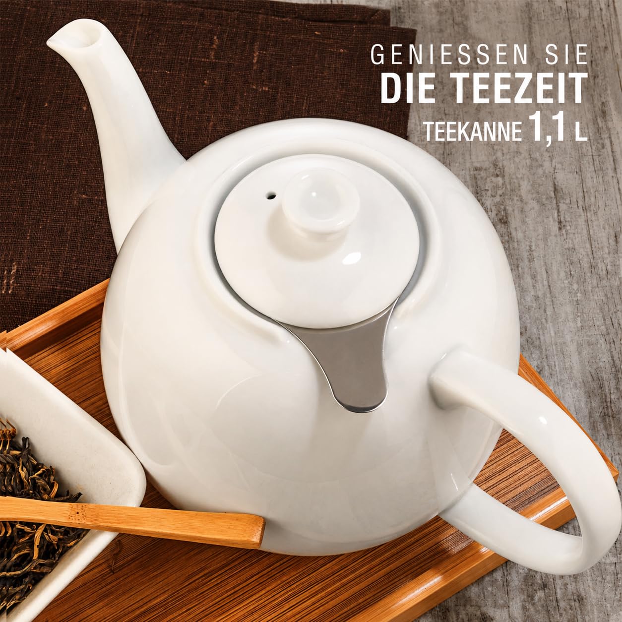 Urban Lifestyle Teekanne mit Siebeinsatz 1,1 Liter, Hochwertige Fine Porzellan Teekanne mit Edelstahl Sieb & Filter, 800 ml Nutzvolumen, Tropffrei, Deckel stabilisiert Swansea Weiß