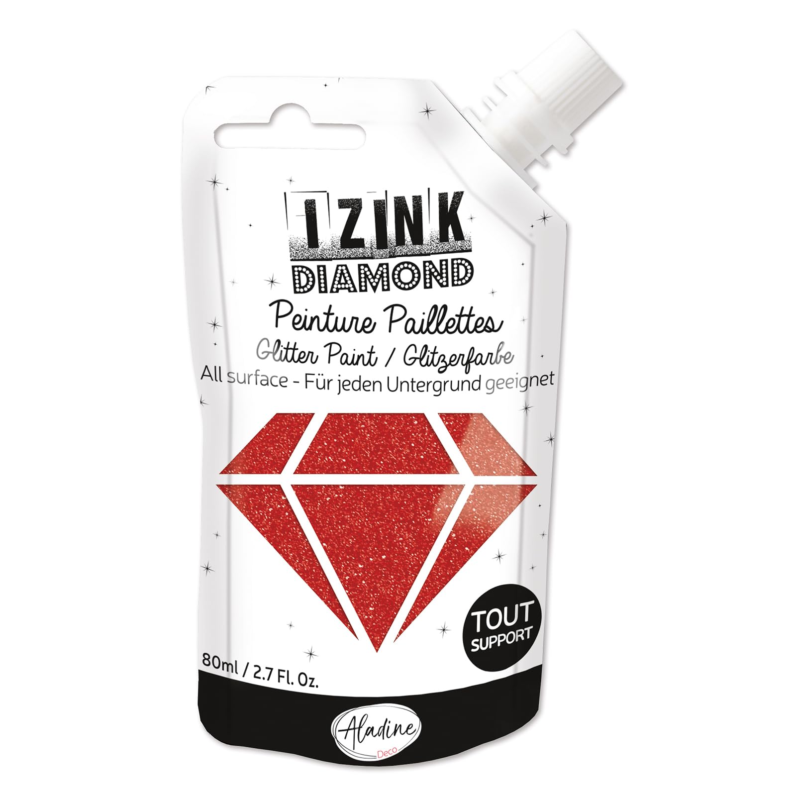 Aladine - Izink Diamond - Glitter Paint - Ultra Concentrated Glitter - Decoration Any Support - DIY and Creative Leisure - Made in France - Soft Bottle 80 ml - Red