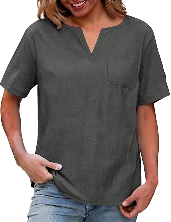 SMIDOW Summer Shirts For Women Trendy 2026 Short Sleeve v Neck Cotton Linen Tops Casual Loose Tunic Blouses Work Clothes