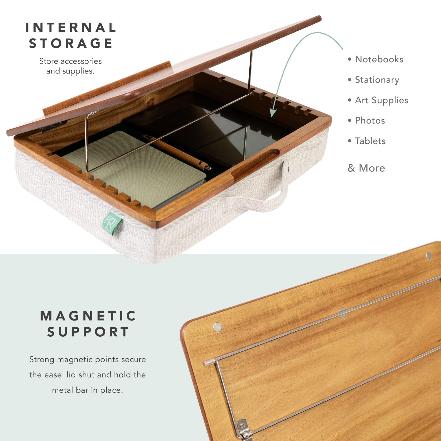 ROSSIE Home Escritorio de regazo con caballete de madera de acacia, natural, se adapta a portátiles de 15.6 pulgadas
