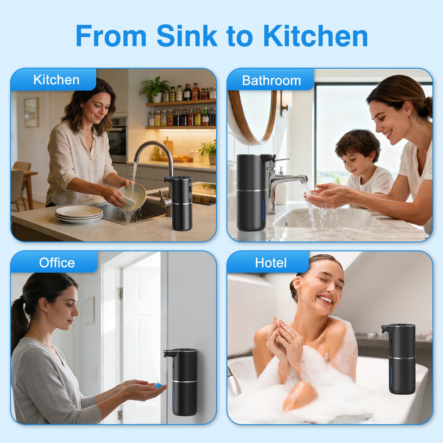 Fachixy Automatischer Seifenspender mit Digitalanzeige, wiederaufladbar, berührungsloser Seifenspender, 6 einstellbare Stufen, 380 ml, IPX5 wasserdichter Flüssigseifenspender für Badezimmer, Küche