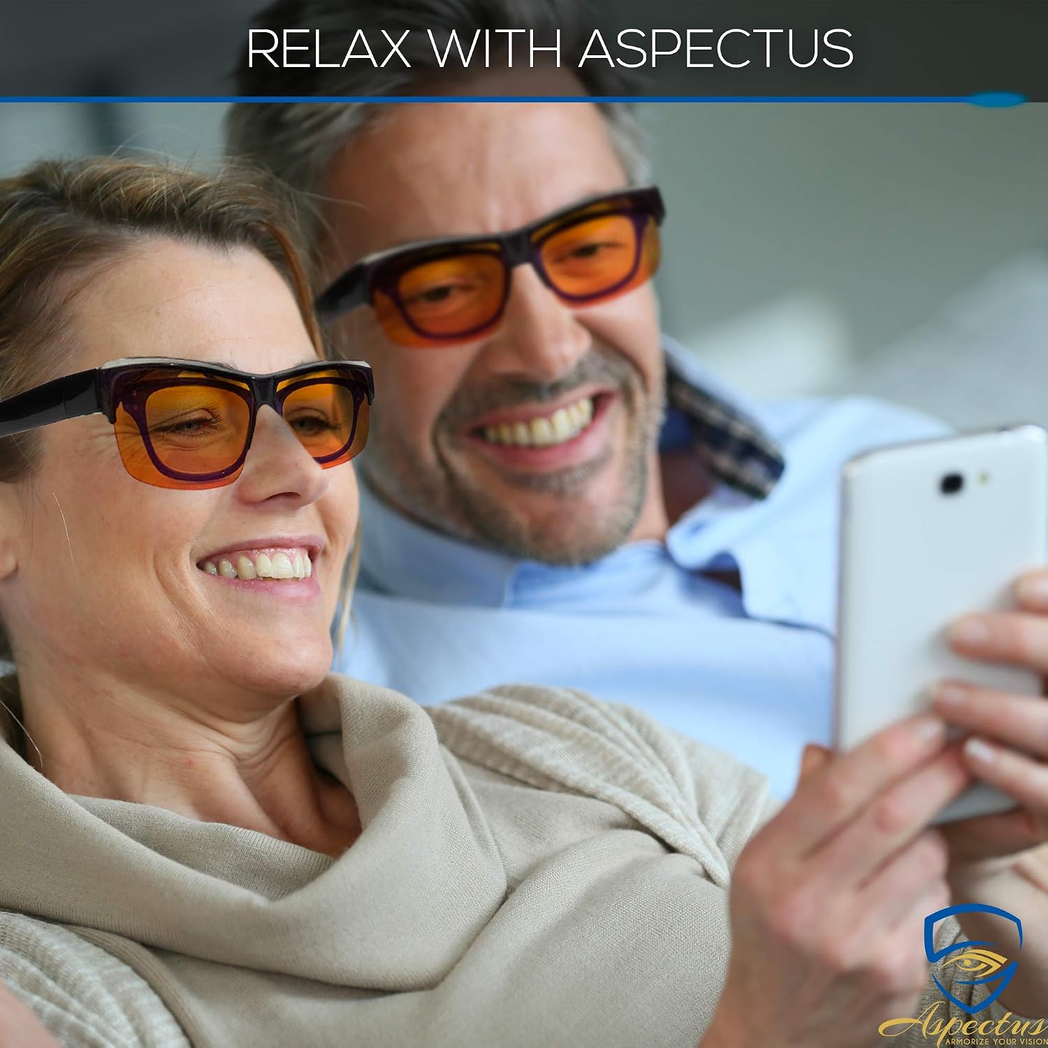Aspectus Fitover Anti-Blue Light Blocking Computer Glasses | Fits Over Prescription Eyeglasses | Amber Orange | Better Night Sleep | Reduce Eyestrain Migraine Headaches Insomnia | Men & Women