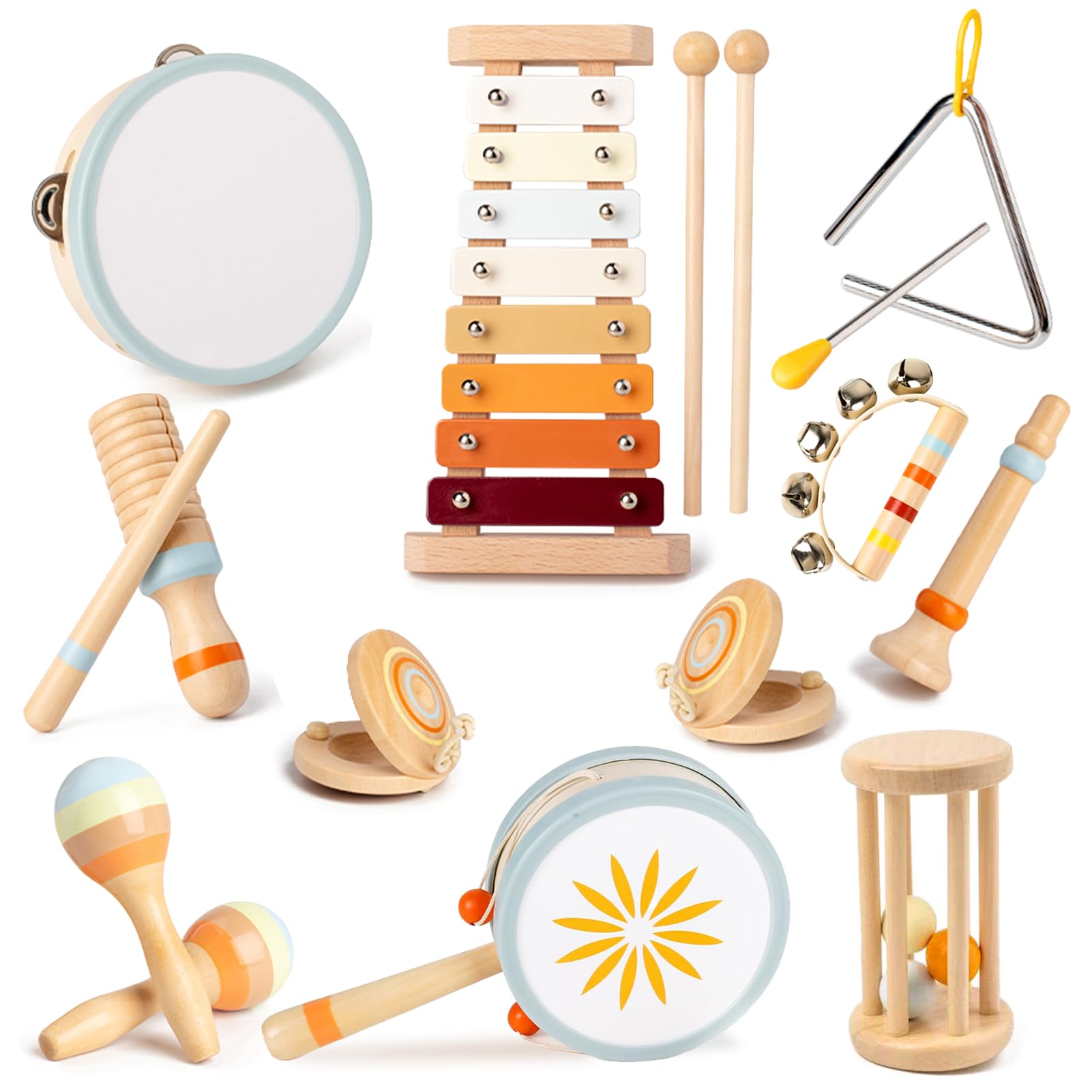 Wooden Musical Instruments Set for Kids,Music Toy with Xylophone, Drum, Maracas, Educational Percussion Set, Gift for Boys and Girls