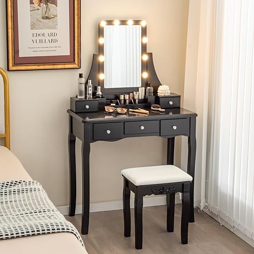 CHARMAID Vanity Set with Lighted Mirror, 10 Dimmable Light Bulbs Vanity Dressing Table, 5 Drawer with 2 Dividers Removable Organizer, Makeup Table