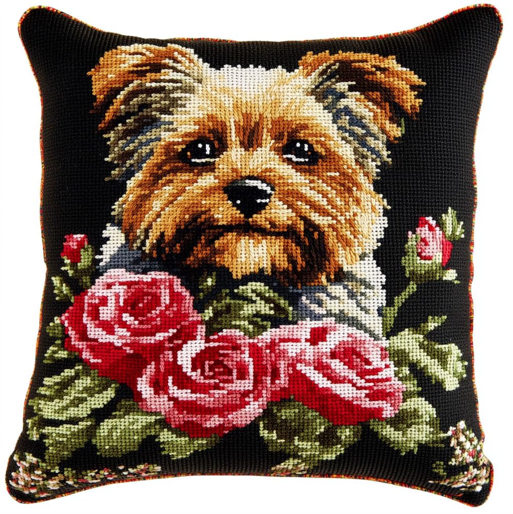 Latch Hook Kits Pillow Yorkshire Terrier And Roses Diy Rug Hooking Pi