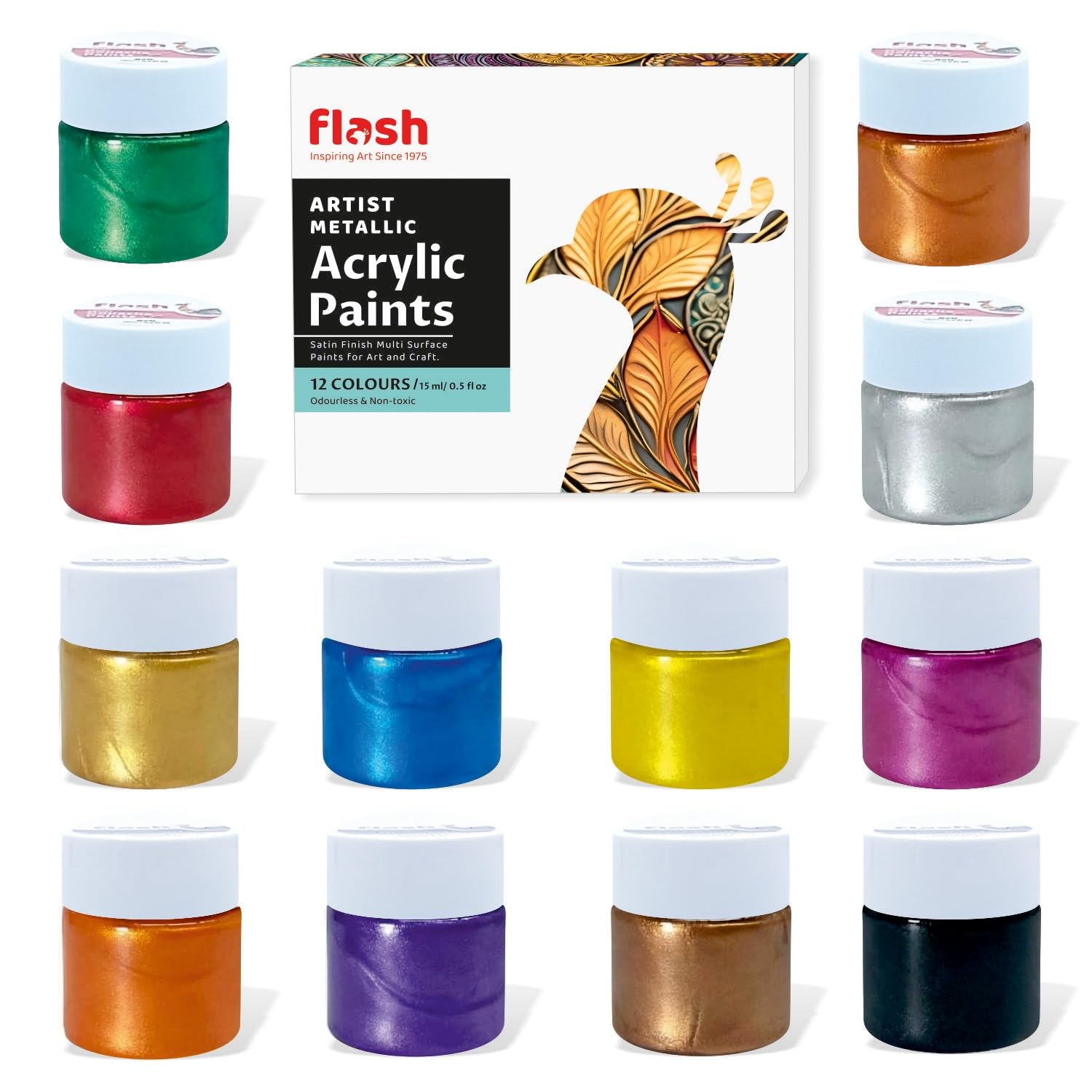 Flash Premium Basic Metallic Acrylic Paint Set 12 Shades,(50ml,1.7 oz), Highly Pigmented & Fade-Resistant, Non-Toxic, Multi-Surface Paint for Artists, Hobby Painters & Kids…