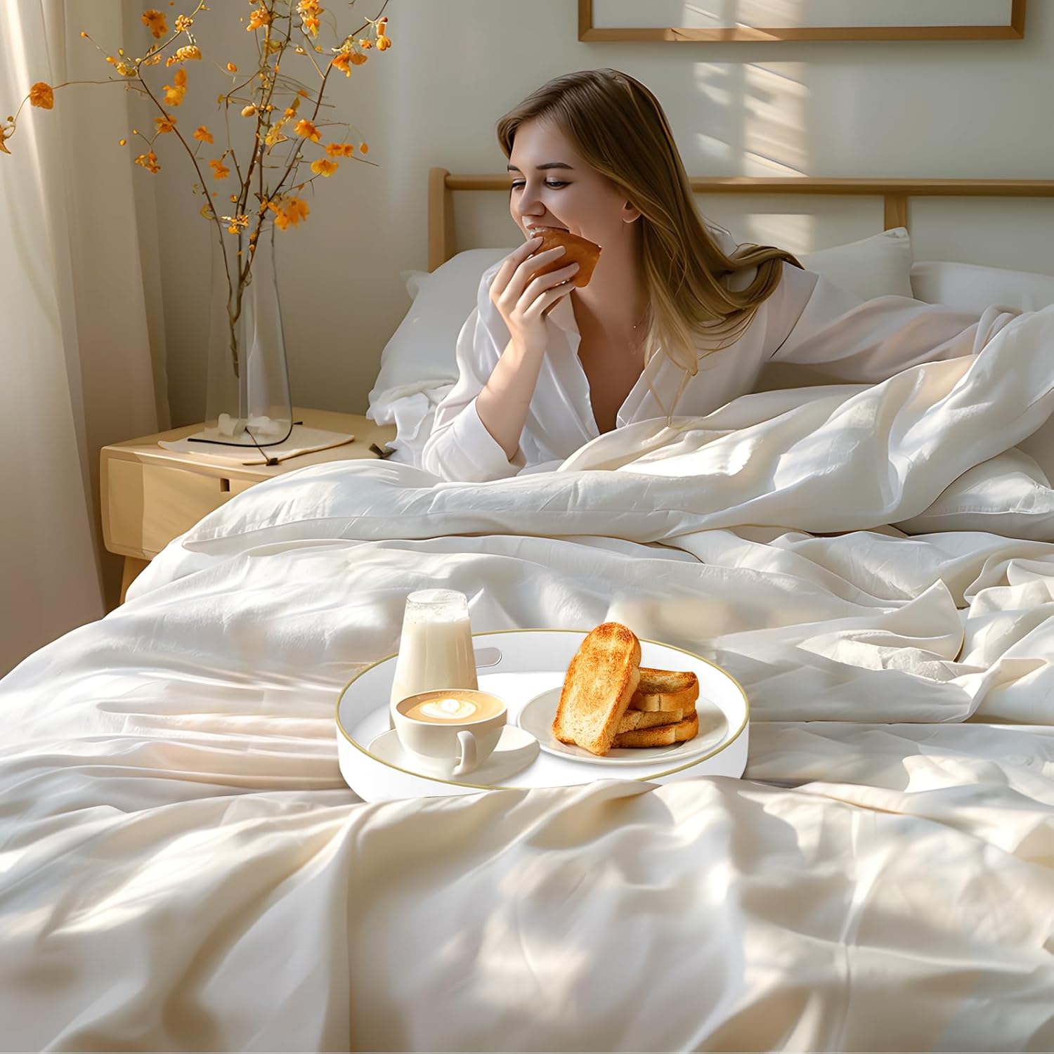 MAONAME White Decorative Tray for Coffee Table, Modern Round Serving Tray with Handles, 13" Plastic Tea Trays for Ottoman, Bathroom Decor - Image 6