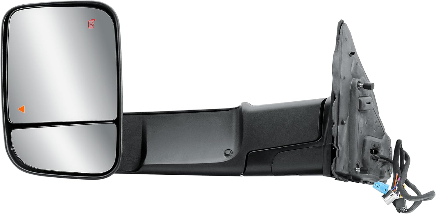 driver left side door towing mirror power and heat blis (blind spot sensor) glass textured black cover with turn signal light puddle light and temperature sensor manual folding for 19 to 24 ram 1500 black driver (lh) side