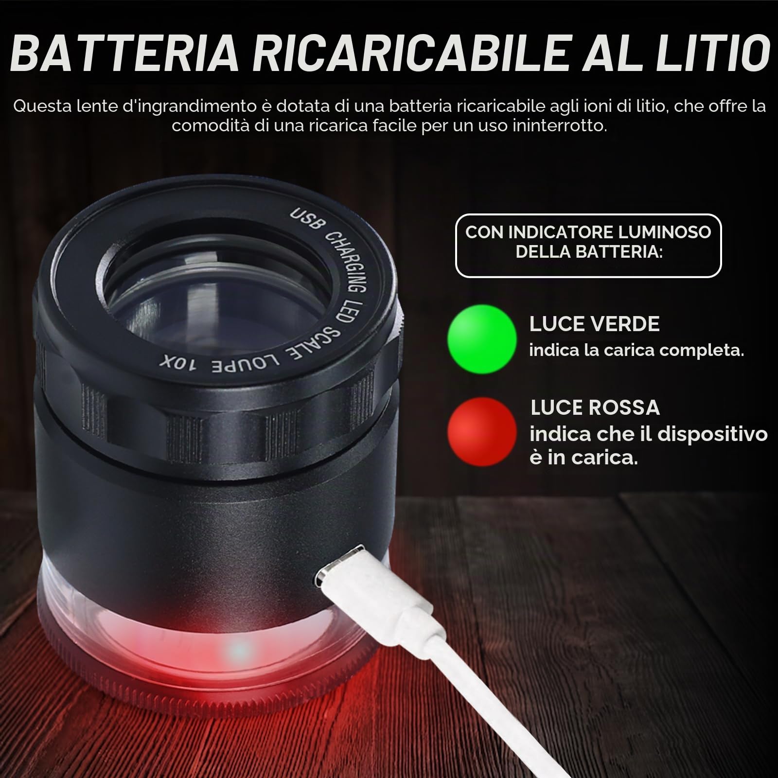 Lente d'ingrandimento ricaricabile per gioiellieri, 10 x con luci a LED e 3 scale a reticolo, campo visivo da 25 mm, messa a fuoco regolabile, lente d'ingrandimento a LED per gemme, monete, orologi