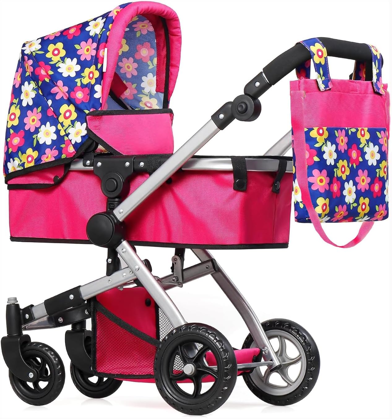 Fash N Kolor | Foldable Pram for Baby Doll with Flower Design with Swiveling Wheel Adjustable Handle Bassinet Stroller with Baby Doll, Convertible Seat, and Basket, and Free Carriage Bag Fash N Kolor | Foldable Pram for Baby Doll with Flower Design with Swiveling Wheel Adjustable Handle Bassinet Stroller with Baby Doll, Convertible Seat, and Basket, and Free Carriage Bag