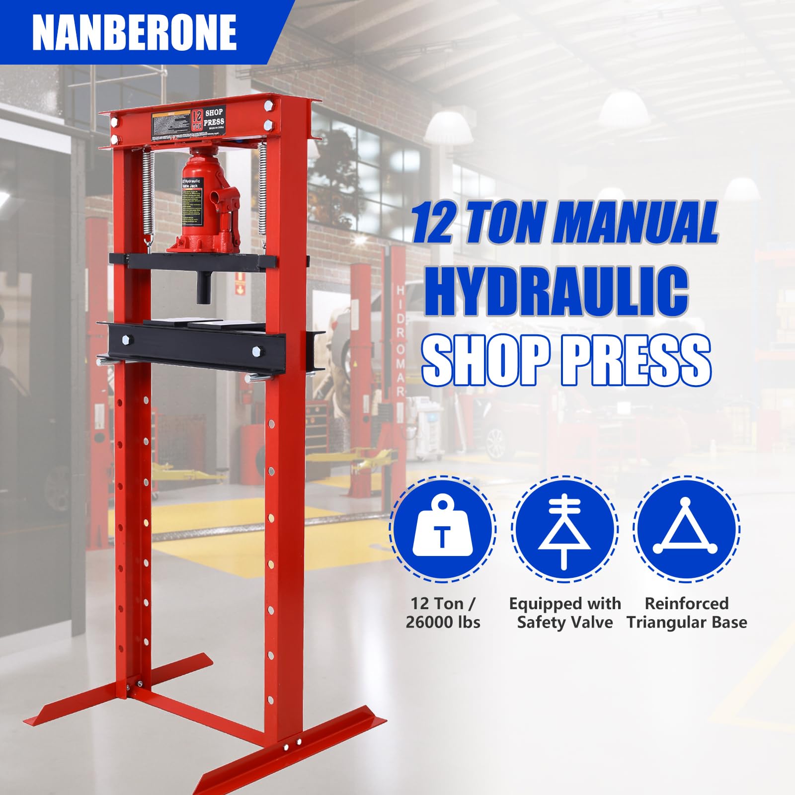 12 Ton Hydraulic Shop Press - Heavy Duty Hydraulic Press H-Frame Floor Mount Benchtop Hydraulic Shop Press with Press Plates Adjustable Working Table Height Shop Press for Car Repair and Garage, Red