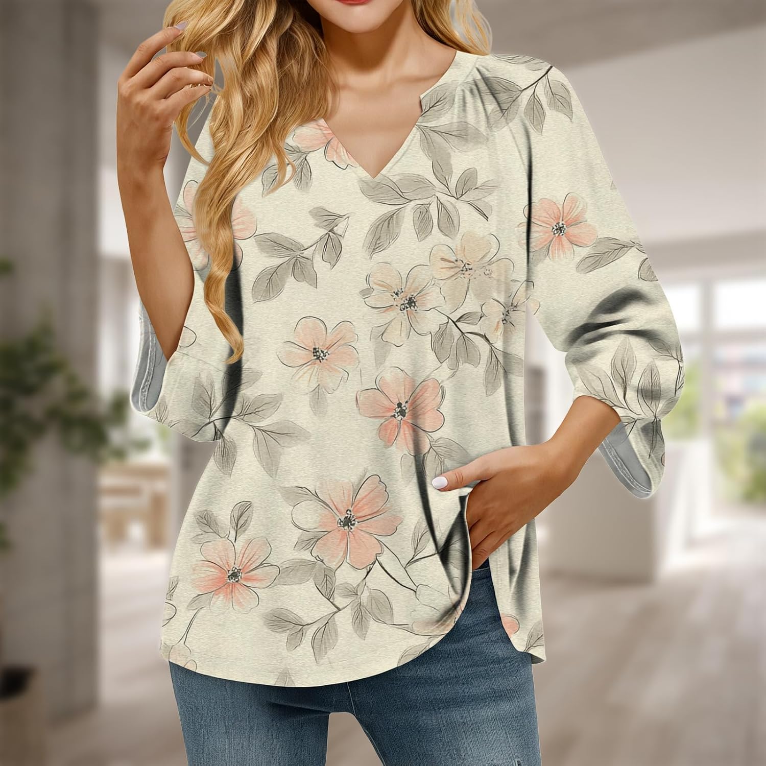 Flowy Shirts for Women 3/4 Sleeve Comfy Fit V Neck Vintage Tops for Women Lightweight Casual Summer Tops Trendy - Image 2