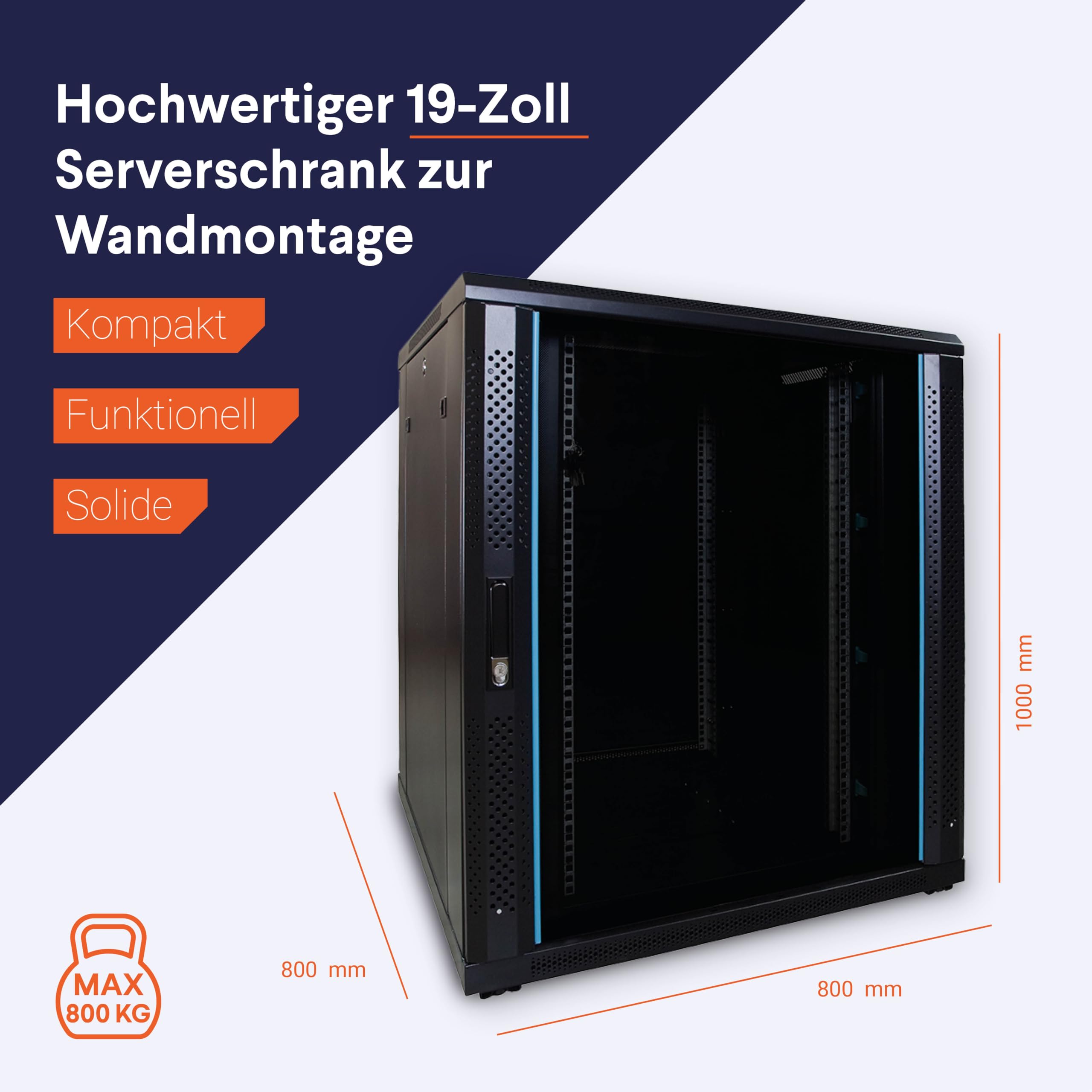 18HE 19 Zoll Serverschrank - Glastür - (BxTxH) 800x800x1000mm - Schwarz