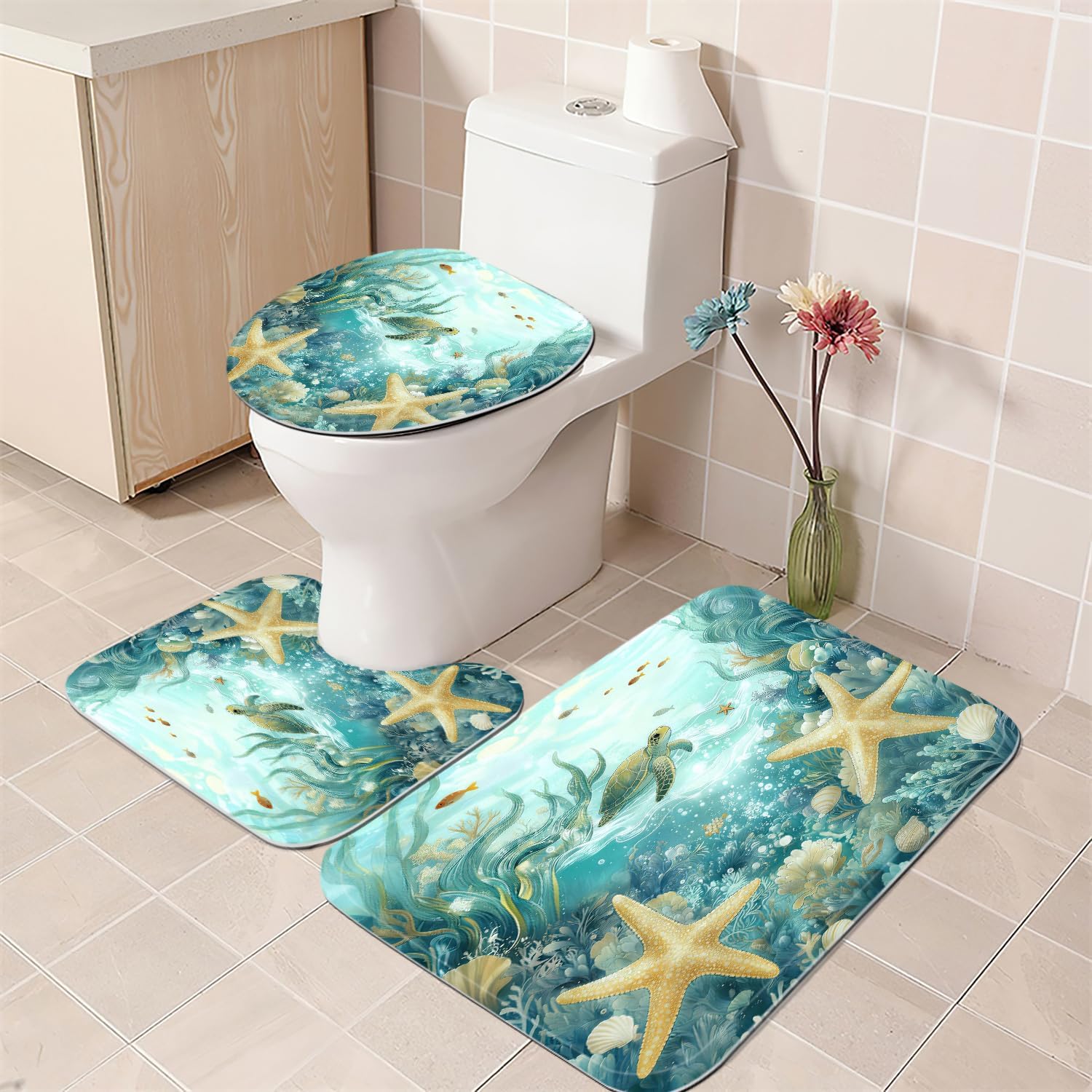 Nkzply 4 Pcs Beach Shower Curtain Set Teal Sea Turtle Bathroom Sets with Shower Curtain and Rugs Blue Ocean Bathroom Decor Accessories Starfish Shower Curtains for Bathroom Toilet Lid Cover with Hooks