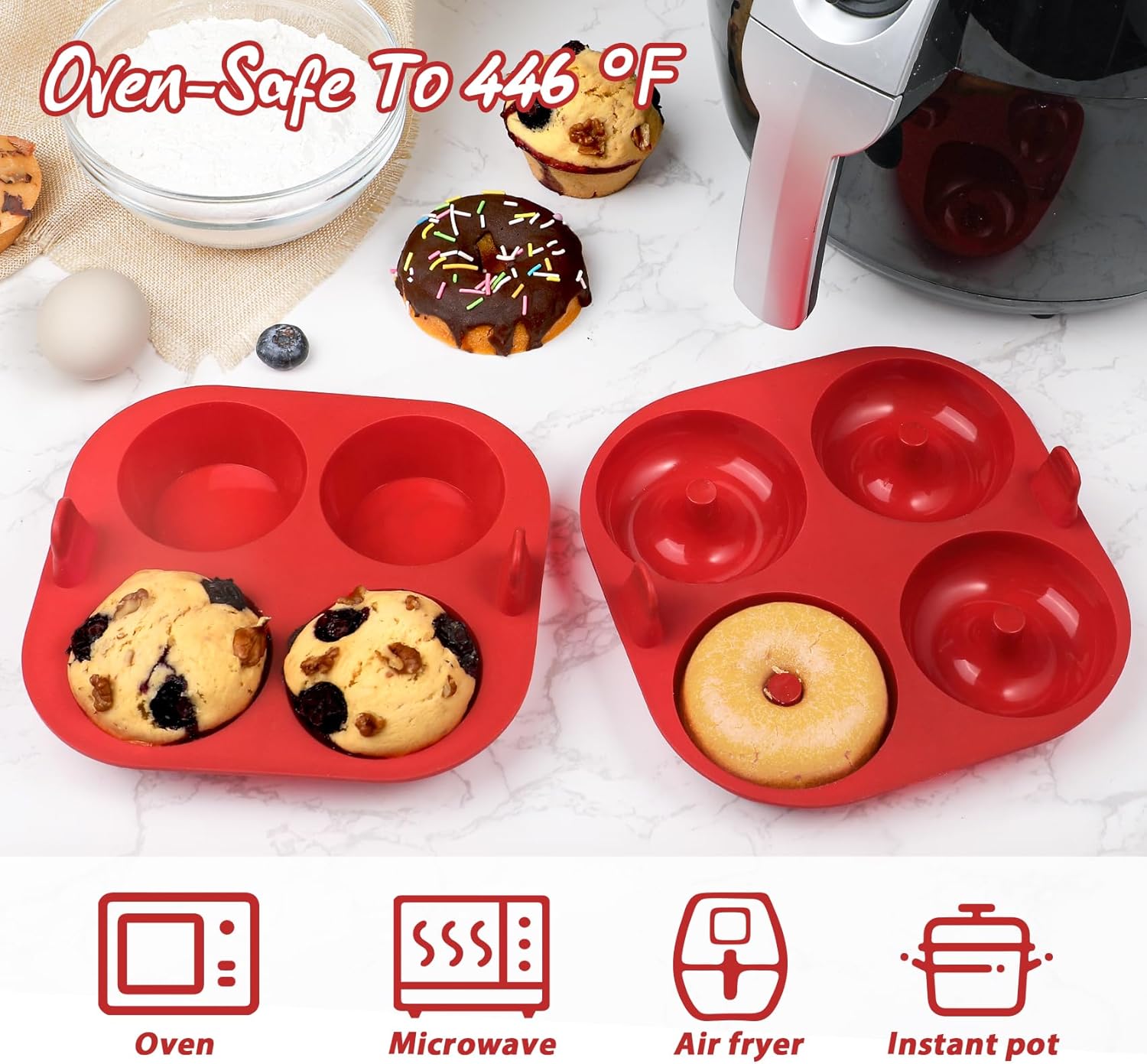 Webake Silicone Air Fryer Muffin Pan and Donut Pan, Make 2.8" Standard Size Cupcakes and Donuts, Nonstick BPA-Free, Set of 2 - Image 2