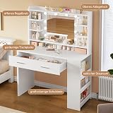 TEENFON Coiffeuse avec Miroir,Luminosité Réglable,3 Couleurs, Coiffeuse avec 4 étagères Ouvertes, Blanc,Rangement Latéral - 2