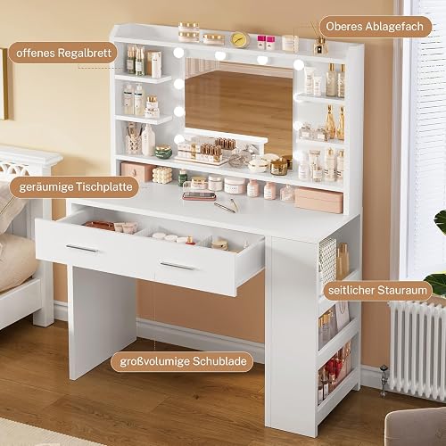 TEENFON Coiffeuse avec Miroir,Luminosité Réglable,3 Couleurs, Coiffeuse avec 4 étagères Ouvertes, Blanc,Rangement Latéral - 2