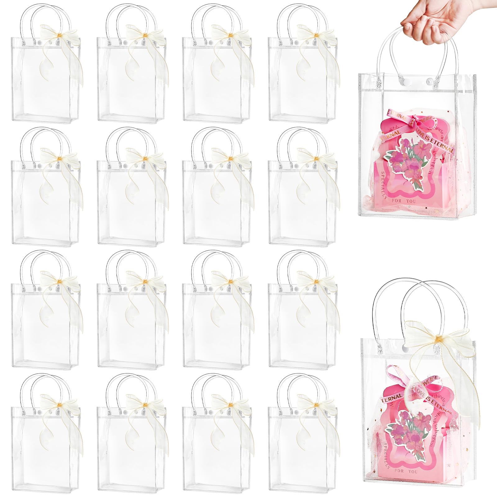 Ohuimrt 50 PCS Clear Plastic Gift Bags with Handles, 5.9 x 7.9 x 2.8 Inches Reusable Party Favor Bags with Ribbon Transparent Gift Wrap Bags Bulk for