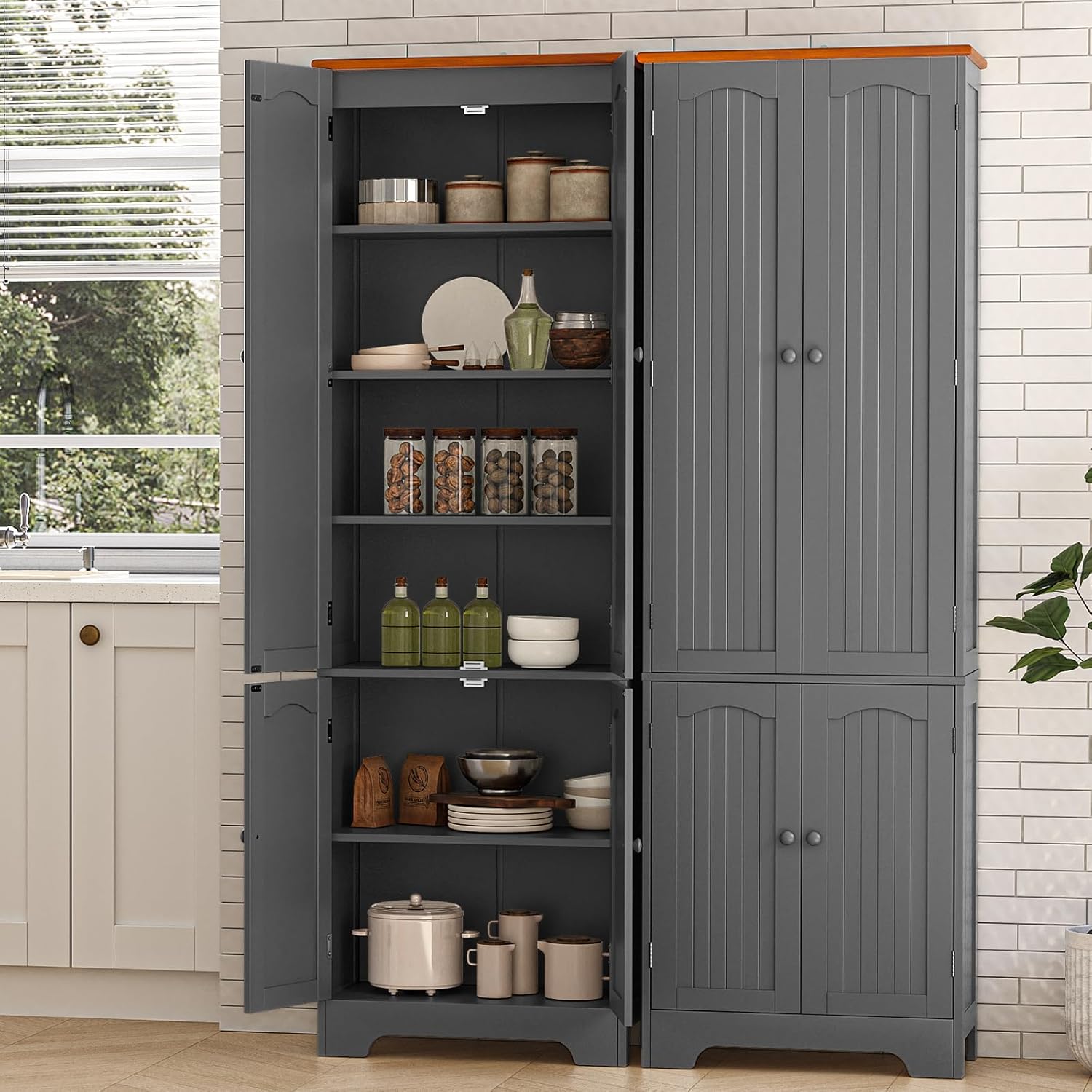 72.2" Tall Farmhouse Storage Cabinet with 4 Barn Doors, Wood Cabinet with Anti-Tip Design, Adjustable Shelves, Sturdy Base, Multipurpose for Living Room, Kitchen, Office, Laundry Room, Gray