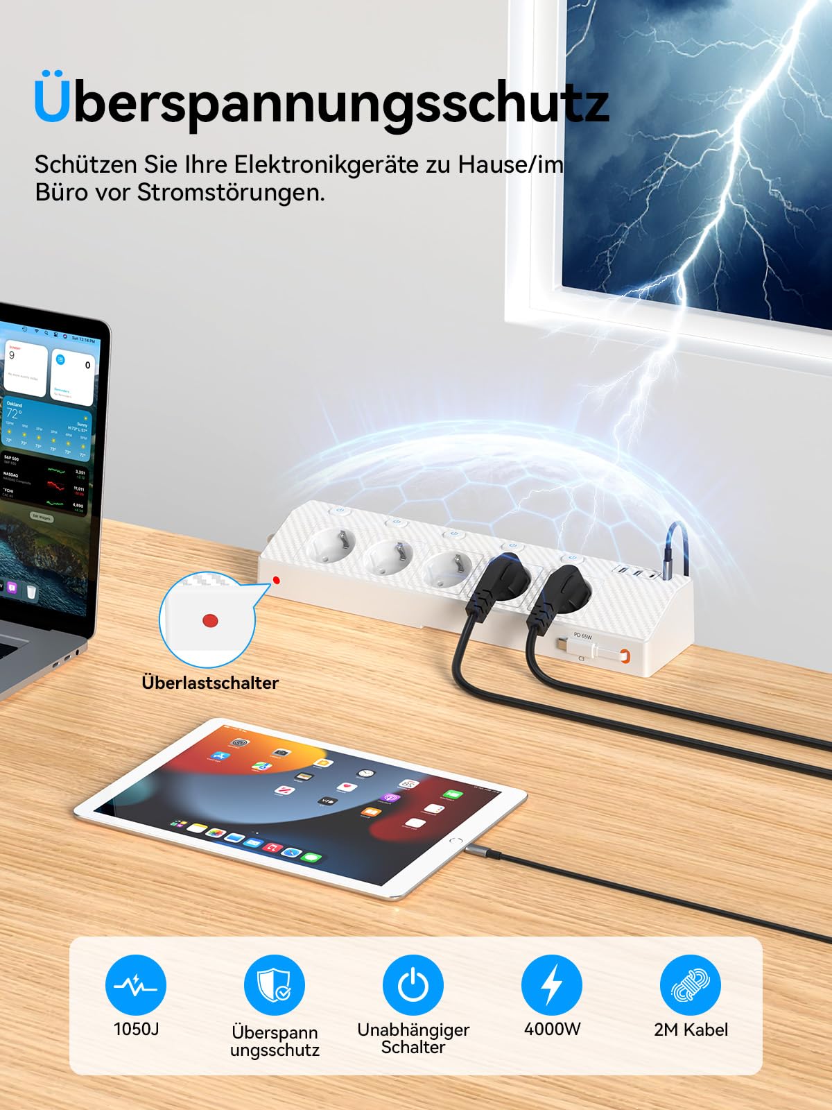 PASSUS - Ciabatta elettrica da tavolo con 2 USB (PD 65 W), 5 prese multiple, con scrivania e protezione da sovratensione, presa angolare 10 in 1 con spina piatta per ufficio/cucina, bianco