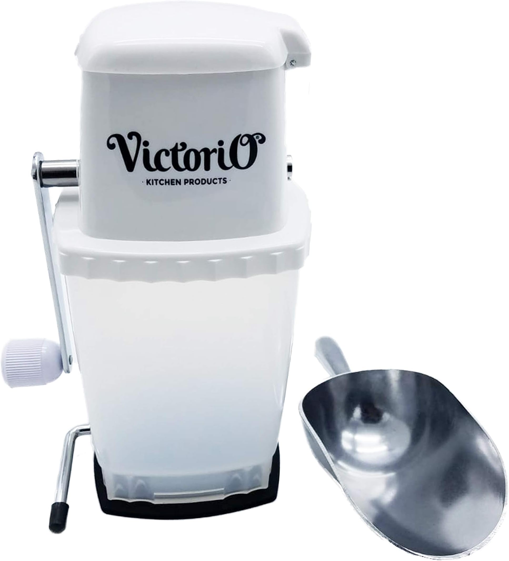 Portable Hand Crank Ice Crusher by VICTORIO VKP1126 bundled with 12 oz. (ounce) CRESTWARE Cast Aluminum Bar Ice Scoop, Candy Scoop, Spice Scoop