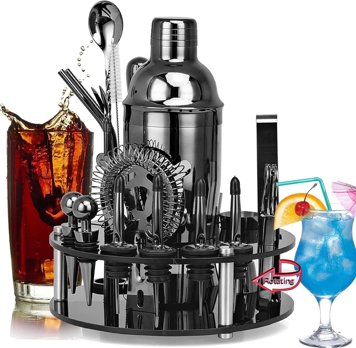 SOYON Cocktail Shaker Bartender Kit with Stand - 20 Piece Bar Tools Cocktail Kit Premium Bartender Kit with Fun Bar Set - Stainless Steel + Shakers (Color : Black)