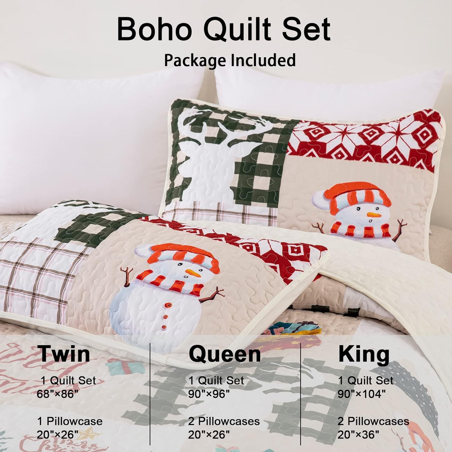 Christmas Quilt Set Queen,Christmas Tree Snowman Pattern Bedspread Merry Christmas Bedding Set Reindeer Chritmas Quilted Coverlet Set with 2 Pillowcases Queen(90"x90")