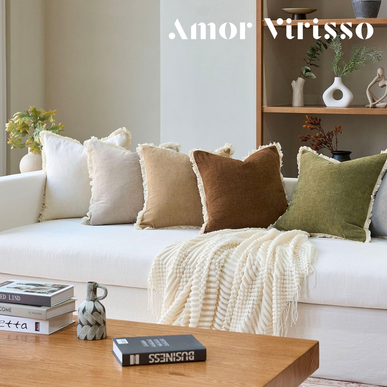 Amor Virisso Fringe Throw Pillow Covers 18x18 Set of 2 Boho Neutral Farmhouse Decorative Pillow Covers with Tassels for Couch Sofa Bed, Olive Green