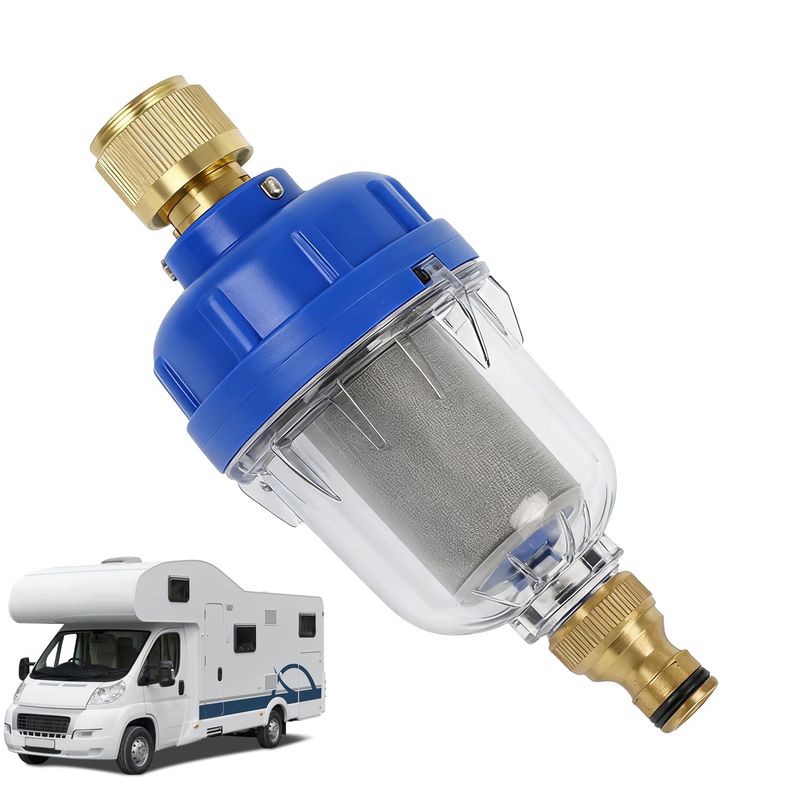 Filtro RV – Purificatore per rubinetto in acciaio inox, filtro per impurità per rubinetto da campeggio, per roulotte, camper, marine, giardino, cortile, balcone, patio, prato