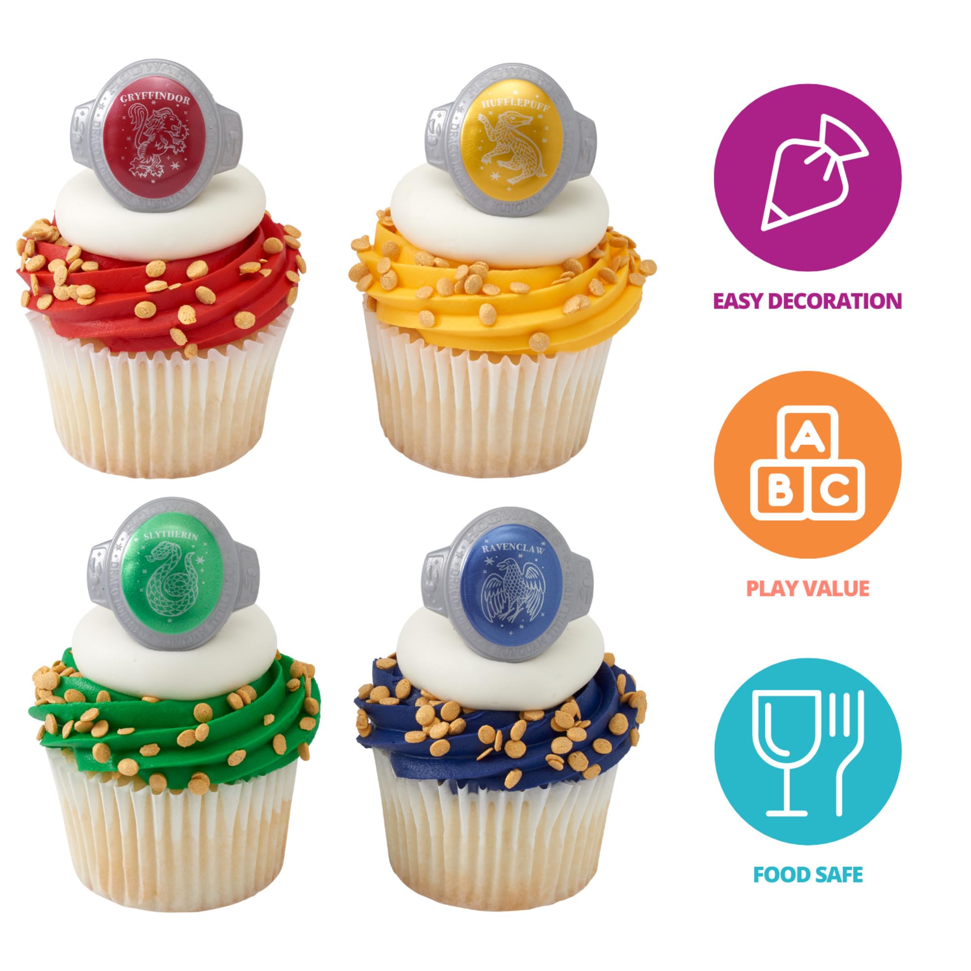 DecoPac Harry Potter™ Rings, 24 Hogwarts™ Houses Cupcake Decorations Featuring Gryffindor, Slytherin, Ravenclaw, and Hufflepuff, Cake Toppers For Birthday, Party, Celebrations - 24 Pack