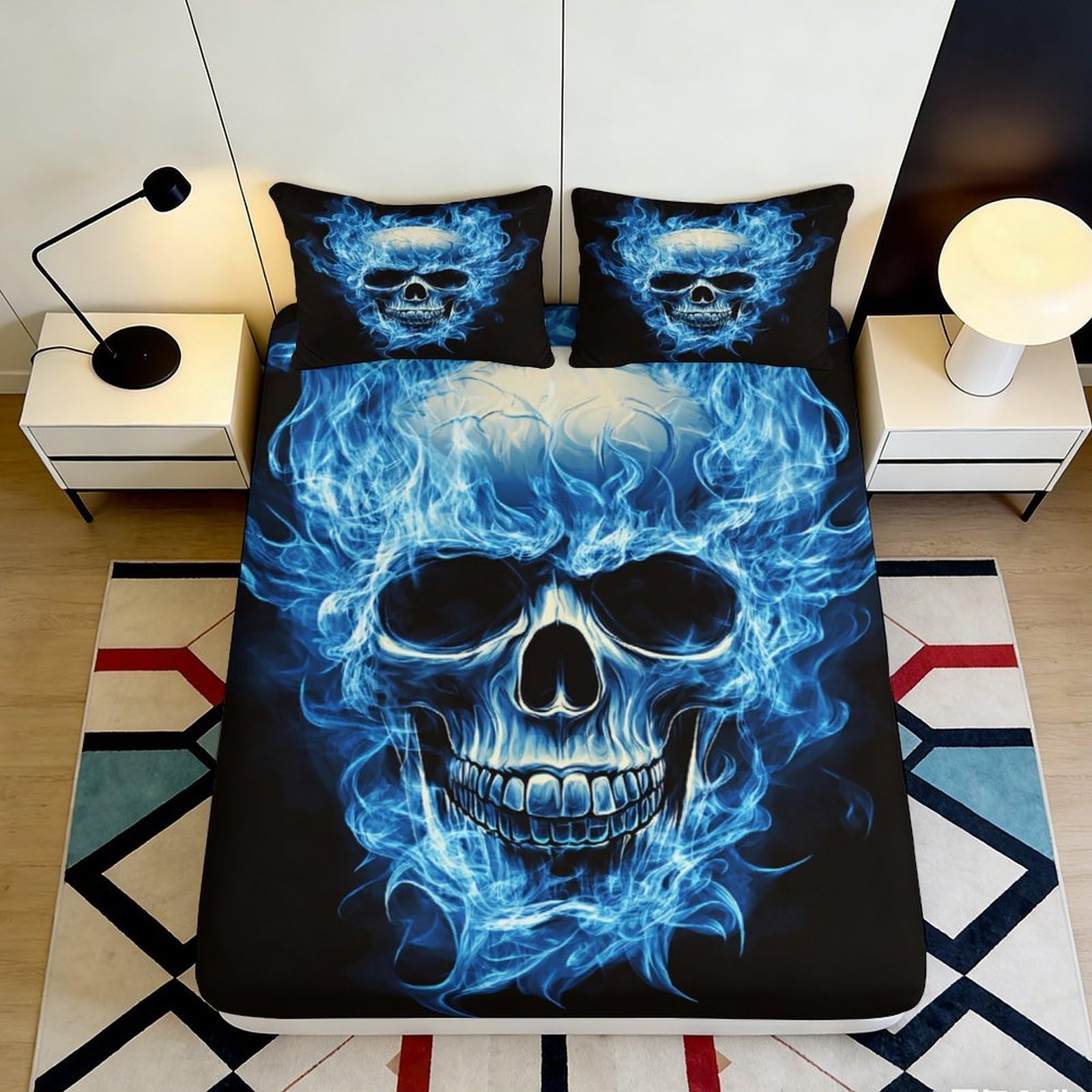 3D Printed Blue Flame Skull Fitted Sheet Microfiber Soft Breathable Fiery Skull Bed Cover for Bedroom Dormitory Guest Room Mattress Protection Decor 120x200x25cm