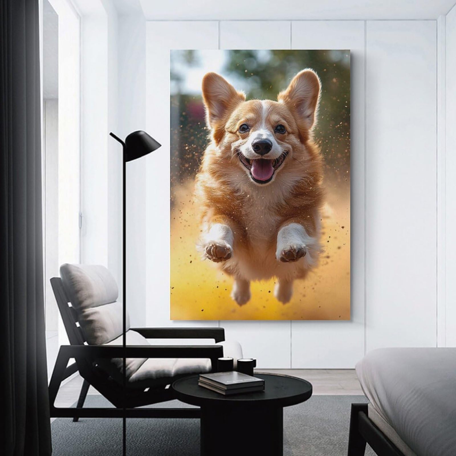 Junmoney Happy Corgi Mid-Air Decorative Wall Artwork, 24x36inch(60x90cm), for Hallway, Lounge Or Guest Room, Decorative Present for New Homes