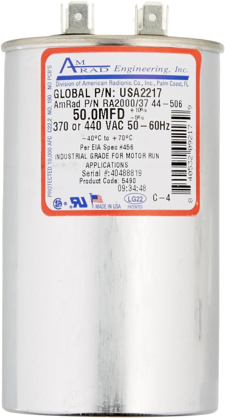AMRAD ENGINEERING USA2217 Round USA-Made Motor Run Capacitor, 50 Mfd, 370/440 Vac-132332