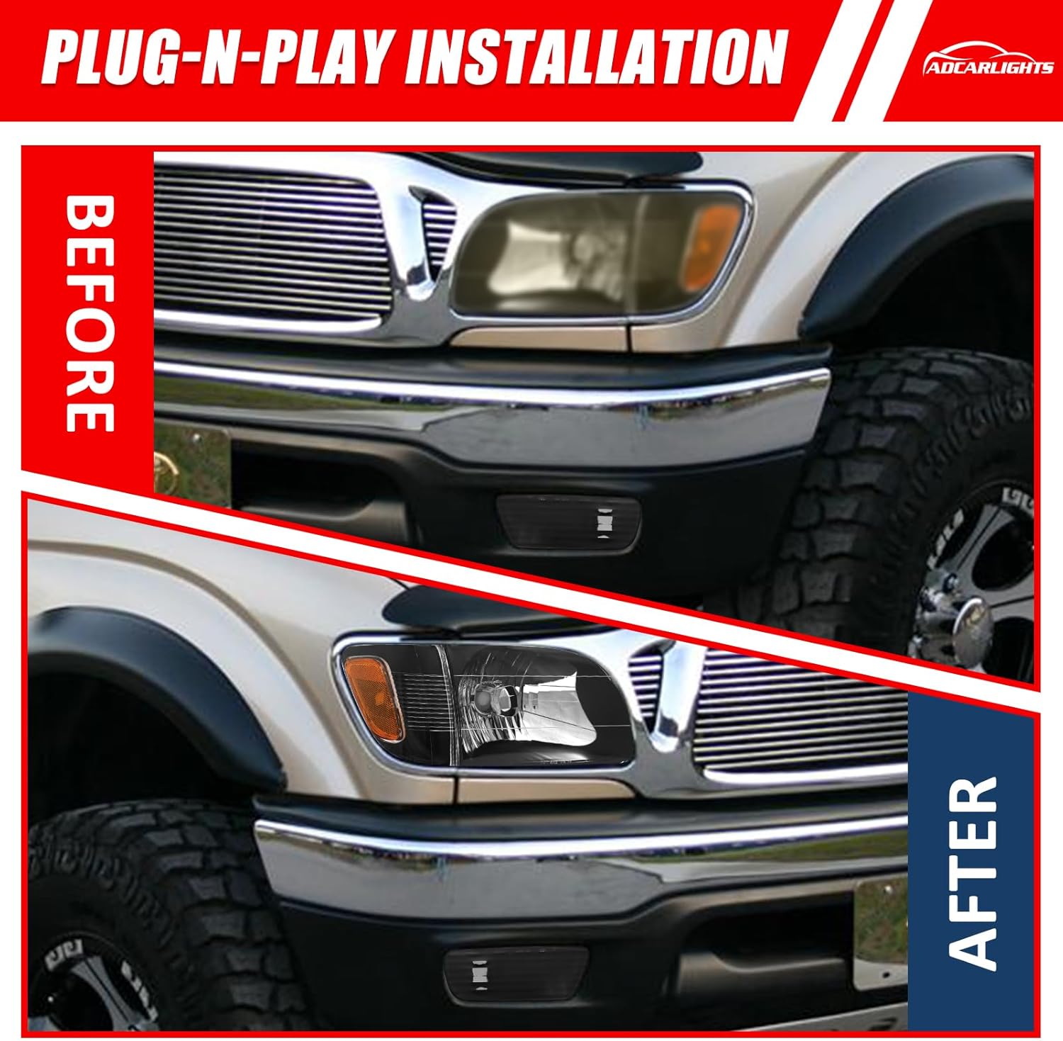 Replacement For Toyota 2001 2002 2003 2004 Tacoma Headlights with Corner Signal Lamps and Bumper Light Black Housing Amber Reflector Driver Side and Passenger Side Pair