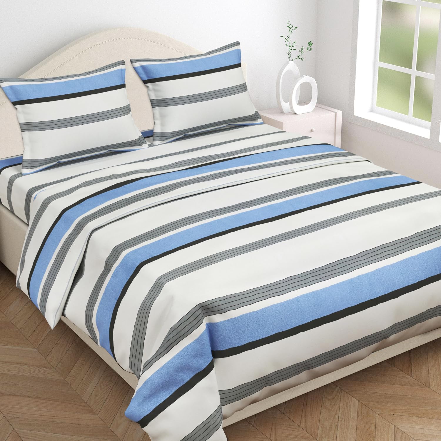 BSB HOME Kingston Collection Super King Size Bedsheets with 2 King Size Pillow Covers| Luxury Soft Sheets (3pcs Set) |108x108 inches, Leaf Printed (White and Blue Liling)